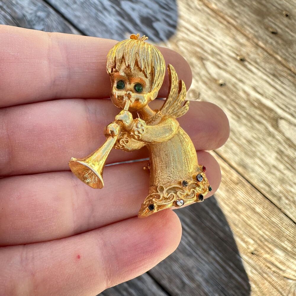 Vintage Jewelry Mylu Gold Tone Angel with Horn Brooch pin